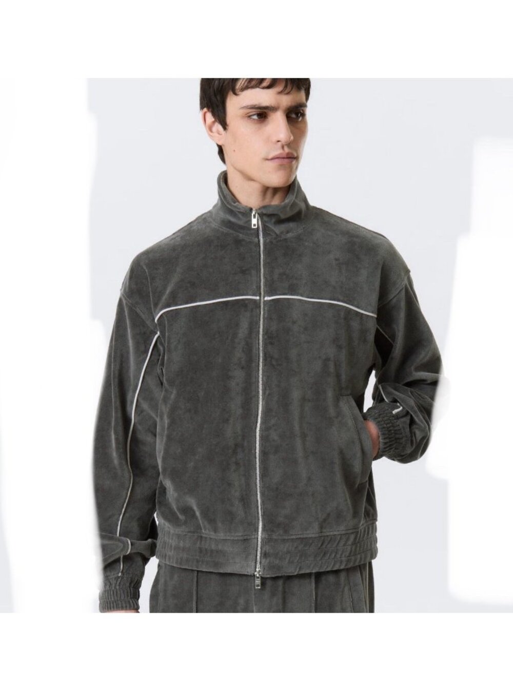 WEEKDAY Mens Loose Velour Track Jacket Grey Small